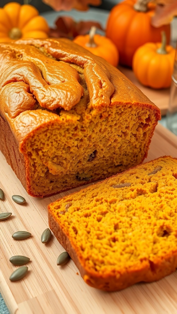 Simple 4-Ingredient Pumpkin Bread Recipe A loaf of pumpkin bread sliced on a cutting board, showcasing its moist texture, with autumn decorations in the background.